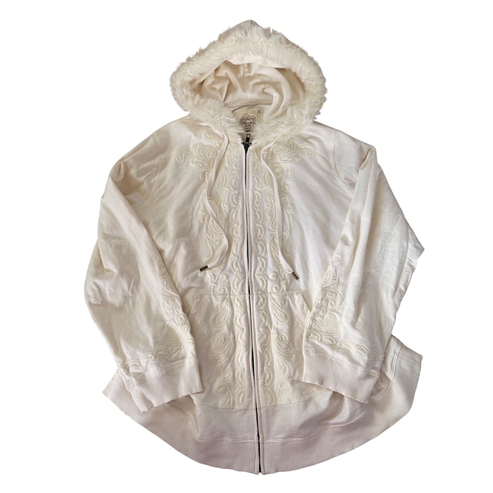 Y2K 2000s style Ave‎ Weekend Hoodie Embroidered Faux Fur Trim Zip Up Sweatshirt